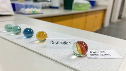 Colorful glass marbles in an arrangement on a white surface