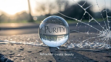 Crystal sphere reflecting the word purity near shattered glass