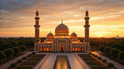 Stunning mosque at sunset, showcasing intricate architecture and serene surroundings.