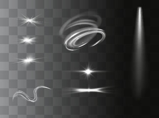 Light effect set. Glow isolated white transparent light effect set, lens flare, explosion, glitter, dust, line, sun flash, spark and stars, spotlight, curve twirl. Sunlight, abstract special effect.