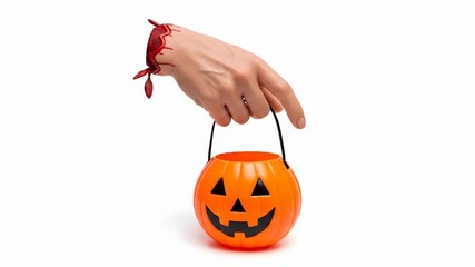 Spooky severed arm prop holding a classic pumpkin candy bucket, ready for Halloween trick-or-treating festivities and eerie holiday fun on a stark white background