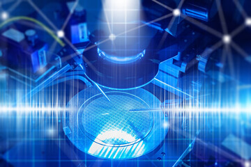 Microchip wafer under microscope in semiconductor manufacturing process, concept of nanotechnology, electronics production and high-tech industry. Technology.