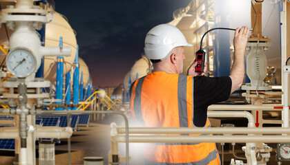 Engineer in helmet and safety vest using gas detector to check pipeline leaks at chemical plant with storage tanks, ensuring safety and control. Chemical industry.