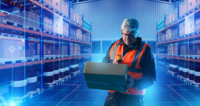 Warehouse worker in reflective vest scanning package with barcode scanner, shelves with boxes and digital smart warehouse system. Logistics. - Powered by Adobe