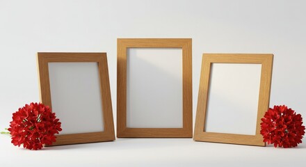 Three wooden photo frame mockups displayed on a white background, accompanied by a green leaf placed beside them.
