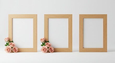 Three wooden photo frame mockups displayed on a white background, accompanied by a green leaf placed beside them.
