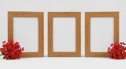 Three wooden photo frame mockups displayed on a white background, accompanied by a green leaf placed beside them.
