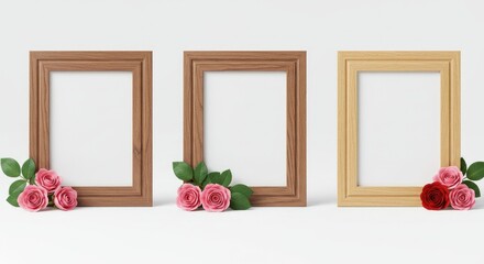 Three wooden photo frame mockups displayed on a white background, accompanied by a green leaf placed beside them.
