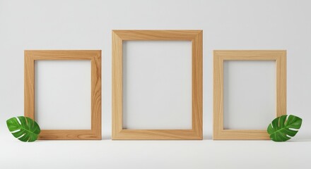 Three wooden photo frame mockups displayed on a white background, accompanied by a green leaf placed beside them.
