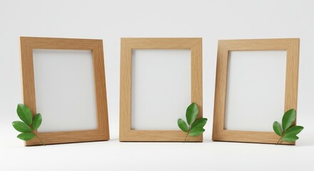 Three wooden photo frame mockups displayed on a white background, accompanied by a green leaf placed beside them.
