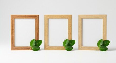Three wooden photo frame mockups displayed on a white background, accompanied by a green leaf placed beside them.
