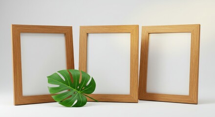 Three wooden photo frame mockups displayed on a white background, accompanied by a green leaf placed beside them.
