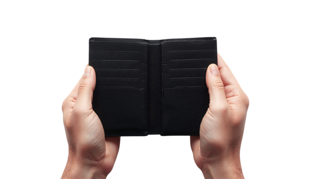Hands Holding Open Black Leather Wallet Isolated on Black Background Perfect for Finance or Style Concepts