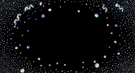 Holographic confetti falling against a transparent background, featuring a rainbow iridescent texture with festive foil tinsel, bokeh light effects, and sparkling glitter highlights.
