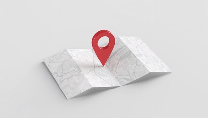 Folded map with red location pointer on a clean white background for travel and navigation concepts and design elements