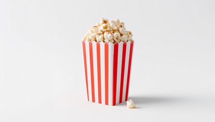 Classic Popcorn Bucket Filled to the Brim on White Background a Symbol of Movie Night and Entertainment