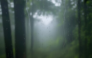 Raindrops on window looking out at a misty forest path