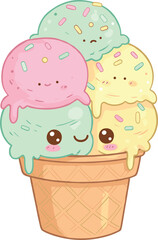 Cute cartoon ice cream cone with five pastel scoops, smiling kawaii faces, colorful sprinkles, waffle cone, playful dessert illustration, whimsical sweet treat, children design