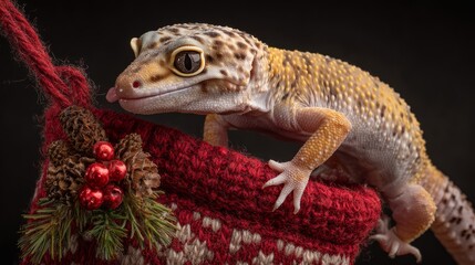 Naklejka premium Adorable leopard gecko preparing to hang a christmas stocking in a festive holiday setting, featuring a cute reptile with bright eyes and spotted skin celebrating the joyful christmas season indoors w