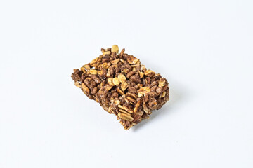 Granola Bar isolated on white background. One. pile, stack. High protein snack. Close up view. clipping path. broken, half.