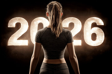 Determined woman facing glowing 2026 new year.