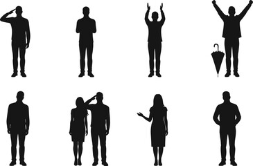 Silhouettes of people in various standing and gesture poses, communication, greeting, and expressive body language vector illustration