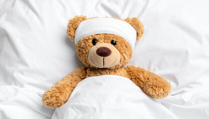 Teddy Bear in Hospital: A plush teddy bear, appearing tenderly treated and bandaged, lies snugly in a clean, inviting bed, evoking feelings of comfort and care.
