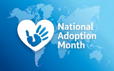 National adoption month heart with handprint on world map background