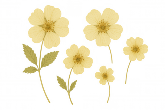 Botanical illustration of yellow meadow flowers and stems with leaves, transparent background