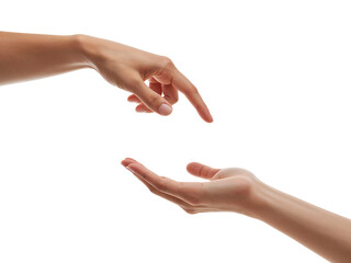 Two hands reaching out for each other concept of connection help support guidance inspiration and offering with a clean black background