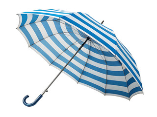 Stylish blue and white striped umbrella on a black background protecting from sun and rain with elegant design and durable construction
