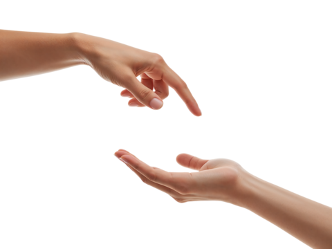 Two hands reaching out for each other concept of connection help support guidance inspiration and offering with a clean black background
