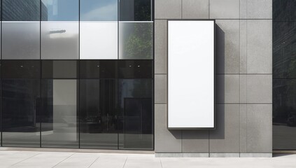 Blank standing outdoor billboard with white copy space to add multiple company names and logos with modern office building in background 