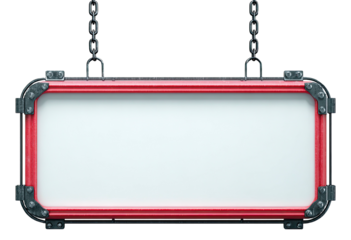 Red frame hanging sign with chains and blank white center space