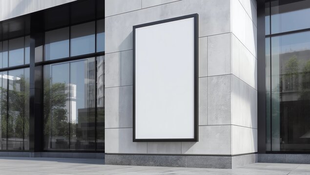 Blank standing outdoor billboard with white copy space to add multiple company names and logos with modern office building in background 
