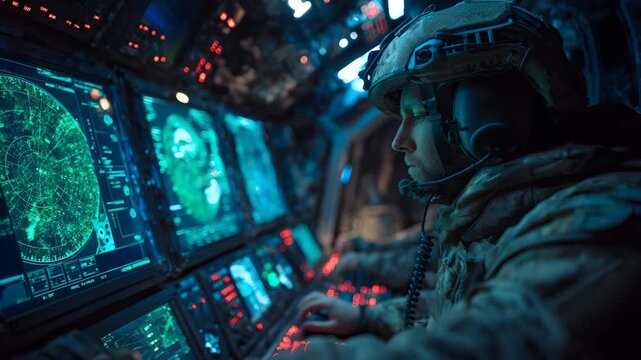 Intense military pilot navigating with advanced radar technology in cockpit during critical mission, showcasing precision and vigilance under pressure