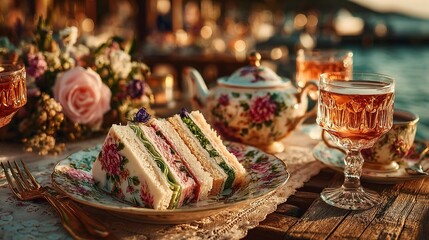 Tea sandwiches teapot and glasses arranged on a wooden surface outdoors.