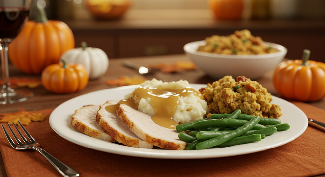 A festive Thanksgiving dinner featuring turkey, mashed potatoes, stuffing, and green beans, with pumpkins.