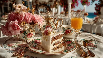 Table setting with cake flowers drink and ocean view in the background.