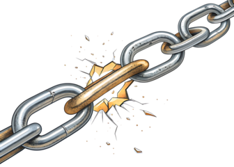 Broken Chain Link Depicting Failure Weakness or Overcoming Challenges on a Black Background Dramatic Symbolism