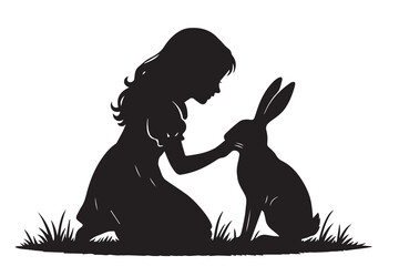 Vector silhouette of a young girl gently taking care of a rabbit outdoors, illustrated in black and white, symbolizing kindness and peaceful nature.