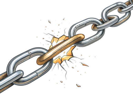 Broken Chain Link Depicting Failure Weakness or Overcoming Challenges on a Black Background Dramatic Symbolism