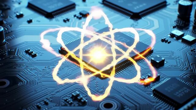 Glowing Atom Symbol on a Modern Blue Computer Circuit Board