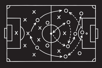 Minimalist black and white vector design representing soccer tactics illustrated on a chalkboard, complete with arrows, passes, and goal direction indicators.