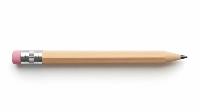 A close-up, top-down view of a sharpened wooden pencil with a pink eraser and silver ferrule on a white background