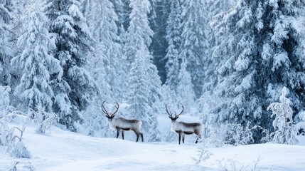 Majestic reindeers in a snowy winter wonderland surrounded by snow-covered fir trees, capturing the magical spirit of christmas in a peaceful frozen forest under soft falling snowflakes