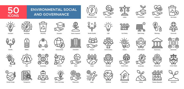 Environmental Social And Governance collection set. Renewable Energy, Sustainability, Innovation, Education,Stakeholder, Community , Zero Waste, Solution, icon. Simple outline vector illustration