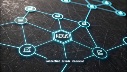 Network of digital nodes interconnected with lines on black background