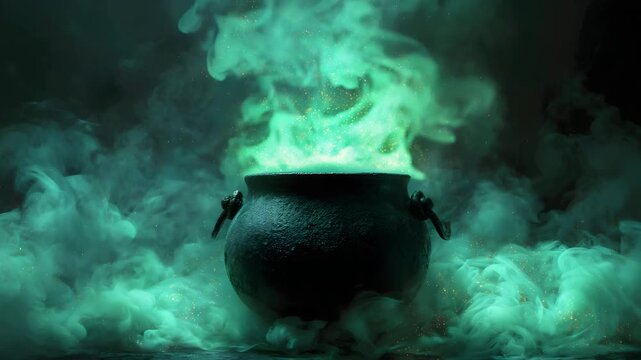 Mystical cauldron bubbling with vibrant green potion and swirling smoke, perfect for Halloween themes, fantasy stories, and magical illustrations