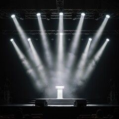 A collection of spotlights illuminating a stage, scene, and podium with bright, focused beams, creating a lens flare effect from lamps or stage lights.
